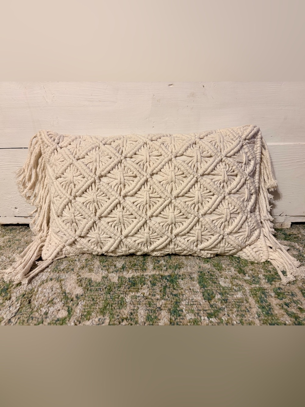 White Boho Throw Pillow with Fringe